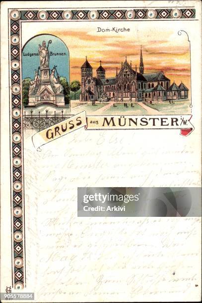 Litho Münster in Westfalen, Blick auf die Dom Kirche, Ludgerus Brunnen