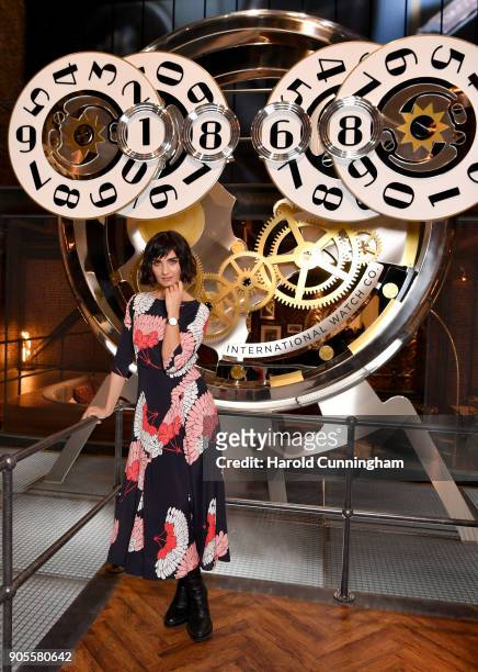 Tuba Buyukustun visits the IWC booth during the Maison's launch of its Jubilee Collection at the Salon International de la Haute Horlogerie on...