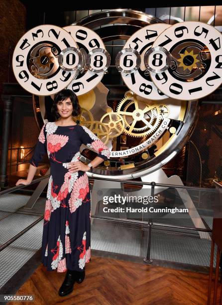 Tuba Buyukustun visits the IWC booth during the Maison's launch of its Jubilee Collection at the Salon International de la Haute Horlogerie on...