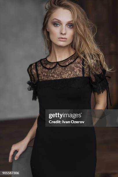portrait of glamorous caucasian woman - lace dress stock pictures, royalty-free photos & images
