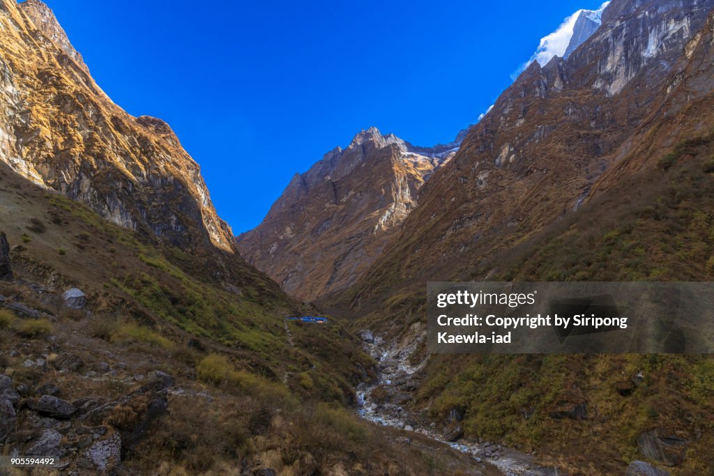 The river channel along the Himalaya mountain valley near Deurali, Nepal.