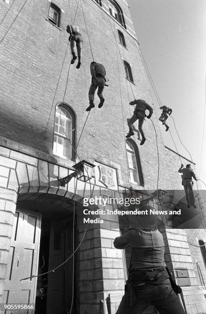 Irish Army Ranger Wing Training Drill, Repelling down the side of a Building, at the Curragh, . .