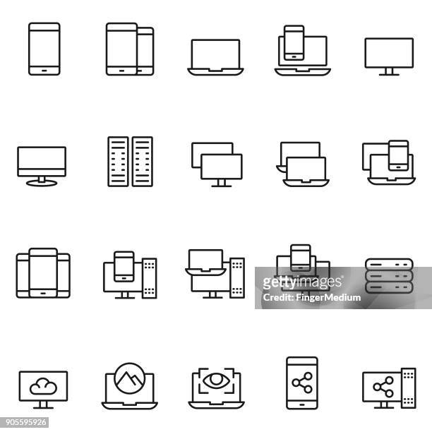 ilustraciones, imágenes clip art, dibujos animados e iconos de stock de conjunto de iconos de dispositivo - network server
