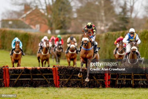 Tom Scudamore riding Colt Lightning clear the last to win The myracing.com For Free Bets And Tips Novices' Handicap Hurdle at Hereford racecourse on...