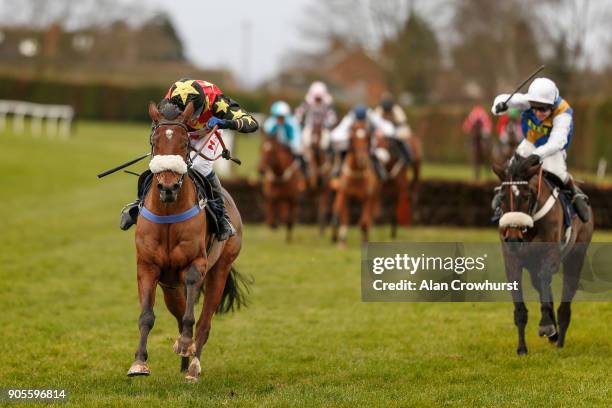 Tom Scudamore riding Colt Lightning clear the last to win The myracing.com For Free Bets And Tips Novices' Handicap Hurdle at Hereford racecourse on...