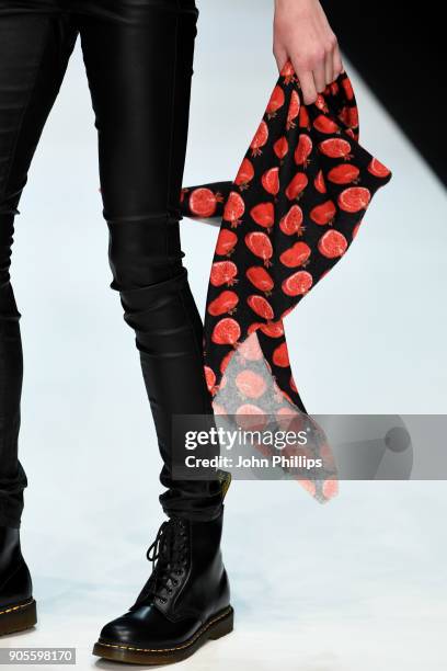 Model, fashion detail, walks the runway at the Cashmere Victim show during the MBFW Berlin January 2018 at ewerk on January 16, 2018 in Berlin,...