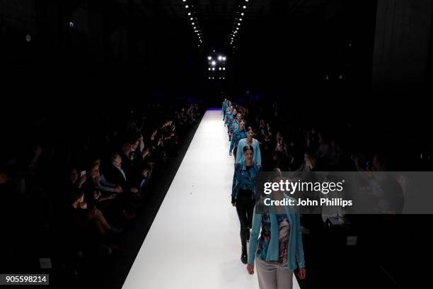 Models walk the runway at the Cashmere Victim show during the MBFW Berlin January 2018 at ewerk on January 16, 2018 in Berlin, Germany.