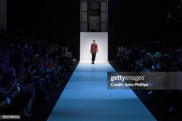 Model walks the runway at the Cashmere Victim show during the MBFW Berlin January 2018 at ewerk on January 16, 2018 in Berlin, Germany.