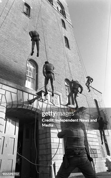 Irish Army Ranger Wing Training Drill, Repelling down the side of a Building, at the Curragh, . .