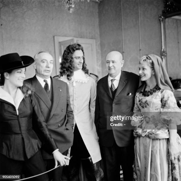 French playwright and poet Jacques Audiberti flanked by French actress Therese Marney, French actors Maurice Escande and Georges Descrieres and...