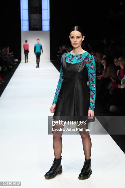 Model walks the runway at the Cashmere Victim show during the MBFW Berlin January 2018 at ewerk on January 16, 2018 in Berlin, Germany.