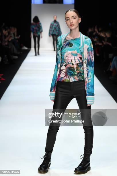 Model walks the runway at the Cashmere Victim show during the MBFW Berlin January 2018 at ewerk on January 16, 2018 in Berlin, Germany.