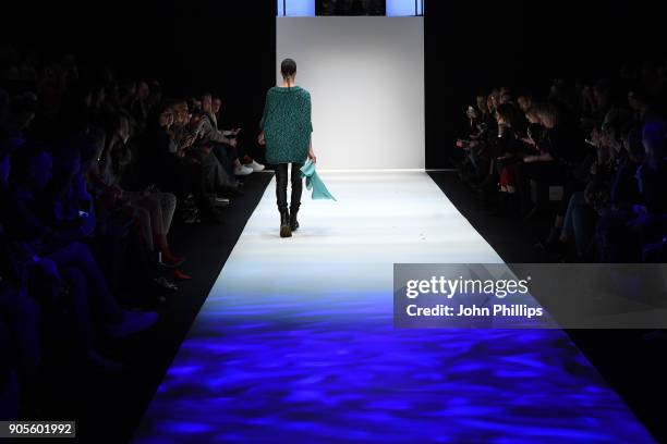 Model walks the runway at the Cashmere Victim show during the MBFW Berlin January 2018 at ewerk on January 16, 2018 in Berlin, Germany.