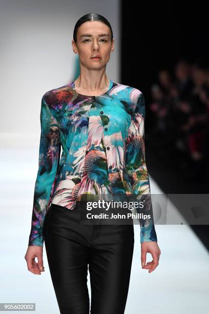 Model walks the runway at the Cashmere Victim show during the MBFW Berlin January 2018 at ewerk on January 16, 2018 in Berlin, Germany.