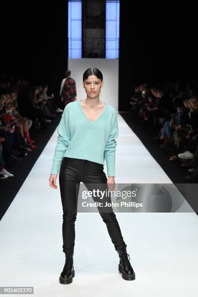 Model walks the runway at the Cashmere Victim show during the MBFW Berlin January 2018 at ewerk on January 16, 2018 in Berlin, Germany.