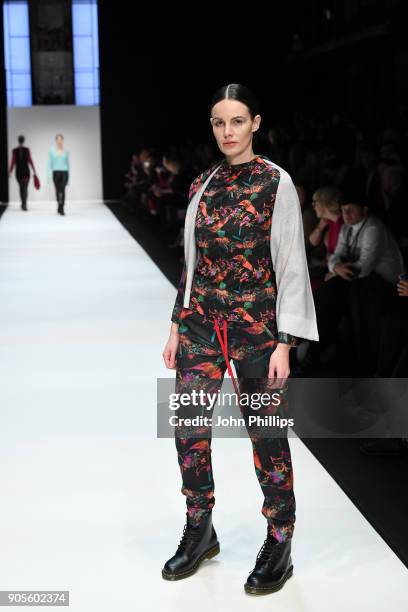 Model walks the runway at the Cashmere Victim show during the MBFW Berlin January 2018 at ewerk on January 16, 2018 in Berlin, Germany.