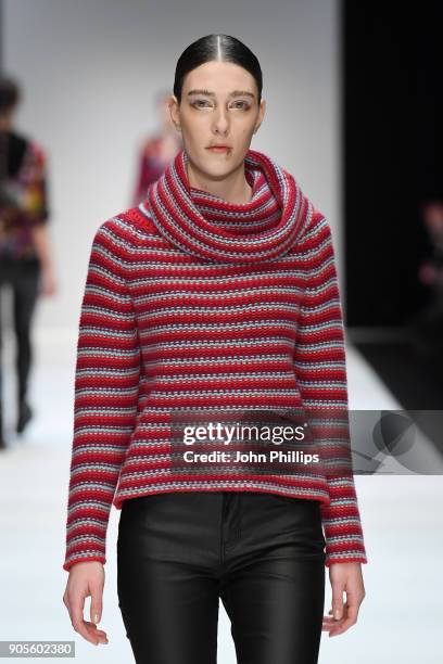 Model walks the runway at the Cashmere Victim show during the MBFW Berlin January 2018 at ewerk on January 16, 2018 in Berlin, Germany.