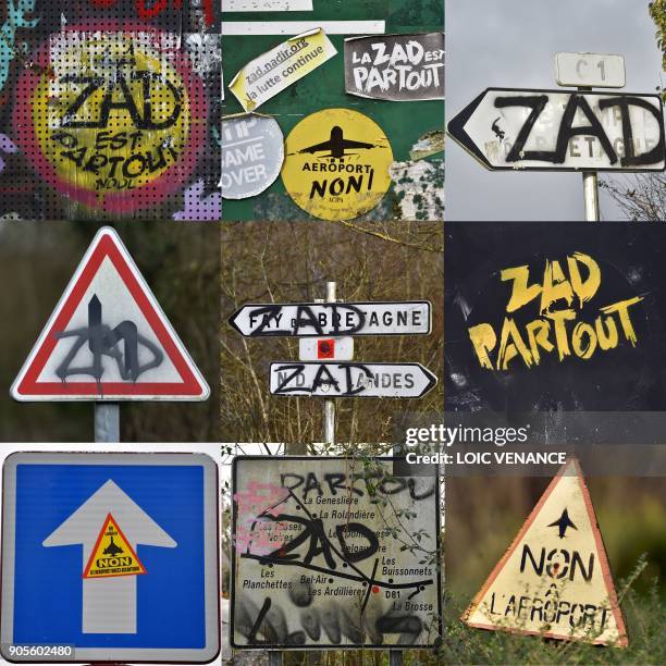 Combination of pictures taken on January 16, 2018 shows road signs in the "Zad" of Notre-Dame-des-Landes, outside Nantes. The 'Zad' of...