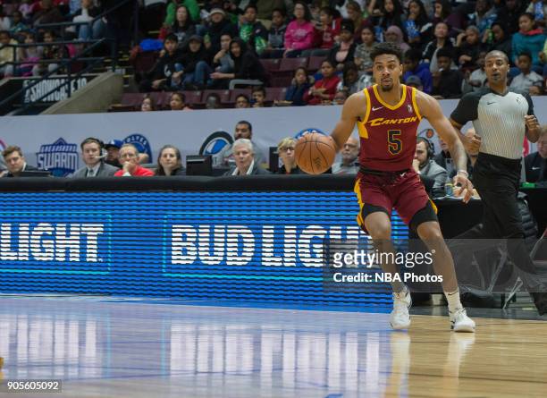 Arthur Edwards of the Canton Charge dribbles the ball against the Northern Arizona Suns during the NBA G-League Showcase on January 12, 2018 at the...