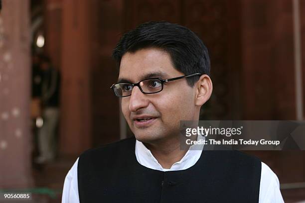 Deepender Singh Hooda son of Haryana Chief Minister Bhupinder Singh Hooda and Member of Parliament from Rohtak, Haryana, at Parliament House in New...