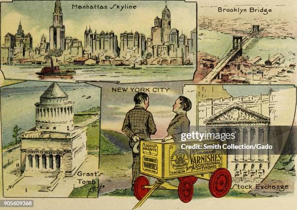 Color illustration depicting four scenes of popular sites in New York City, USA, including the Manhattan Skyline, the Brooklyn Bride, Grant's Tomb,...