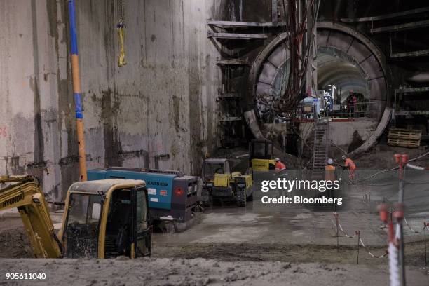 Construction machinery sits inside a tunnel during a tour of the Paris Metro subway railway line 12 Grand Paris expansion project being undertaken by...