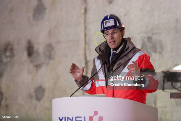 Jerome Stubler, chairman of construction at Vinci SA, speaks during a press conference inside the Paris Metro subway railway line 12 Grand Paris...