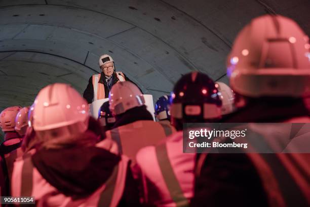 Xavier Huillard, chief executive officer of Vinci SA, speaks during a news conference inside the Paris Metro subway railway line 12 Grand Paris...