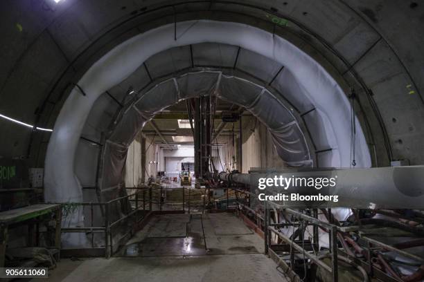 Ice packs encase a section of tunnel during a tour of the Paris Metro subway railway line 12 Grand Paris expansion project being undertaken by Vinci...