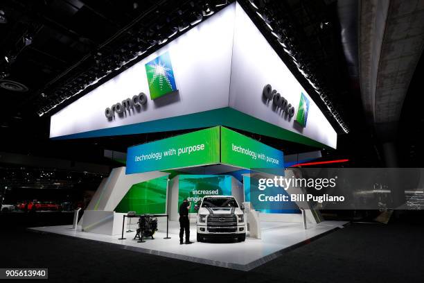 The Aramco exhibit is shown at the 2018 North American International Auto Show January 16, 2018 in Detroit, Michigan. More than 5,100 journalists...