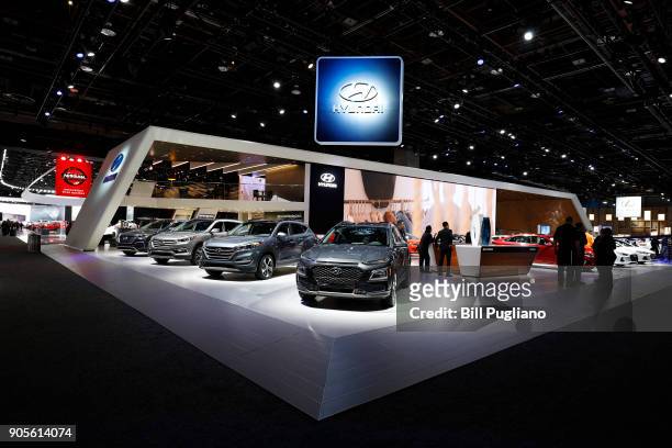 The Hyundai exhibit is shown at the 2018 North American International Auto Show January 16, 2018 in Detroit, Michigan. More than 5,100 journalists...
