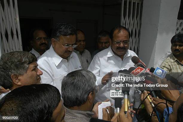 Raman Singh, former Chief Minister of Chhatisgarh with M Venkaiah Naidu, Vice-President of BJP and Senior BJP leader addressing the Media after the...