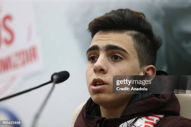 Fawzi Al Junaidi, who was manhandled and detained by Israeli soldiers and became the symbol of Jerusalem resistance, speaks during a joint press...