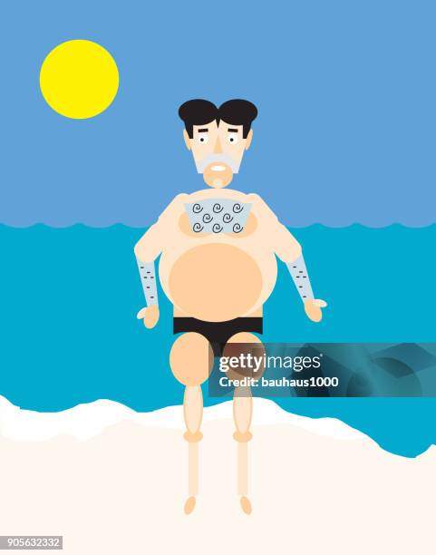 jersey man at the beach - fat man speedo stock illustrations