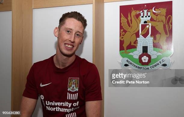 Northampton Town new signing Joe Bunney poses during a photo call at Sixfields on January 16, 2018 in Northampton, England.