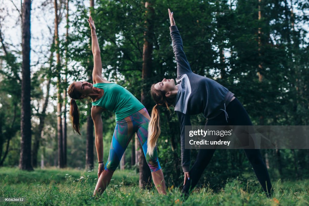 Amigos do sexo feminino praticando ioga ao ar livre, fazer curva de lado em pé ou triângulo pose no parque