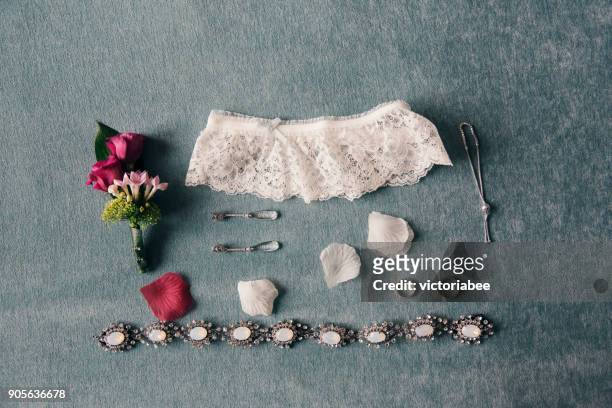 arrangement of bridal accessories - garter belt bildbanksfoton och bilder