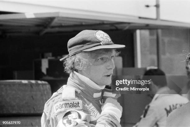 Motor Racing at Silverstone. The world top racing drivers have their last practice runs. Pictured, Niki Lauda in full protective harness, 14th July...