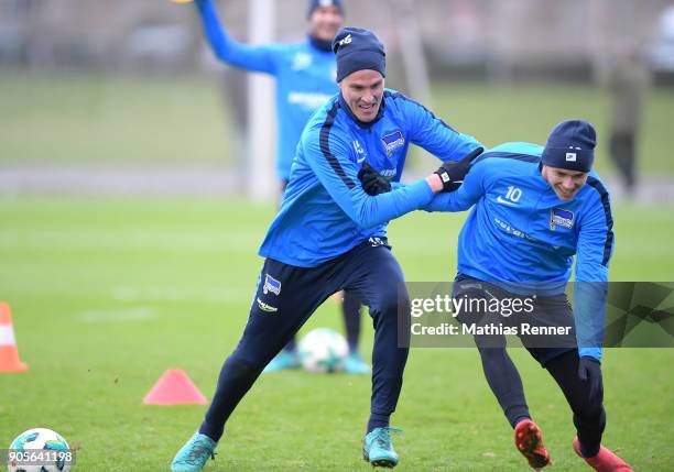 Sebastian Langkamp and Ondrej Duda of Hertha BSC during a training session on January 16, 2018 in Berlin, Germany.