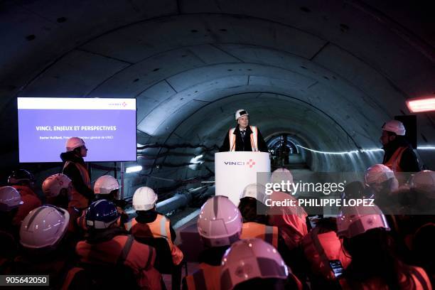 Of French construction group Vinci, Xavier Huillard, delivers a speech during a press conference for the company's new year best wishes in...