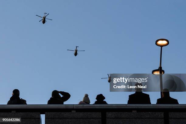 Three of the Army Air Corps' last remaining Lynx Mk9 helicopters from 657 Squadron fly over central London on January 16, 2018 in London, England....