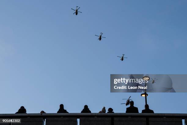 Four of the Army Air Corps' last remaining Lynx Mk9 helicopters from 657 Squadron fly over central London on January 16, 2018 in London, England. The...