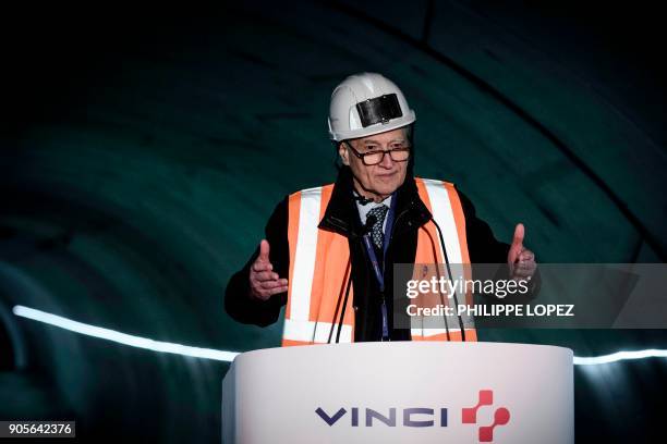 Of French construction group Vinci, Xavier Huillard, gestures as he delivers a speech during a press conference for the company's new year best...