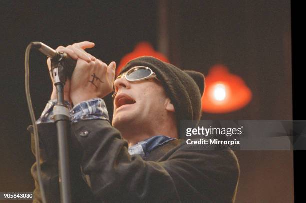 Michael Stipe, lead singer with the American Rock Group REM, perform at Cardiff Arms Park, Cardiff, Wales, on Sunday 23rd July 1995 Picture set shows...