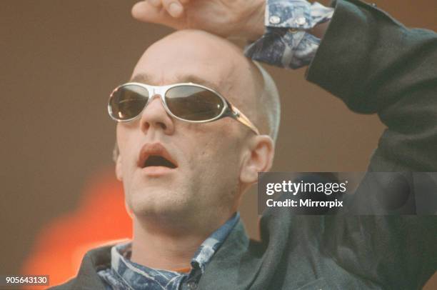 Michael Stipe, lead singer with the American Rock Group REM, perform at Cardiff Arms Park, Cardiff, Wales, on Sunday 23rd July 1995 Picture set shows...