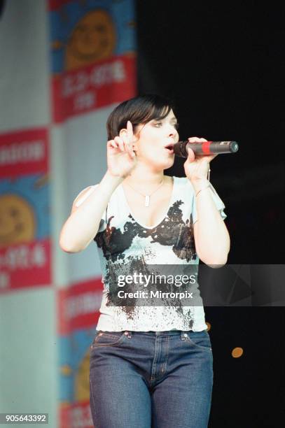 Party in the Park Concert at Cardiff Castle, Wales, 14th July 2001. Kym Marsh of Hear'Say.