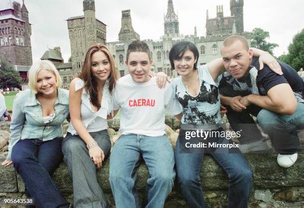 Party in the Park Concert at Cardiff Castle, Wales, 14th July 2001. Hear'Say Suzanne Shaw, Myleene Klass, Noel Sullivan, Kym Marsh and Danny Foster.