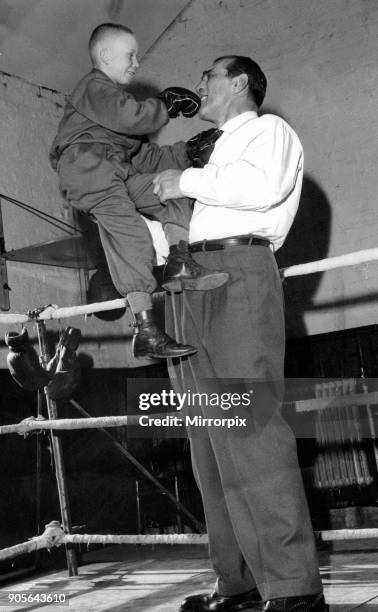 Primo Carnera, professional wrestler, also a former professional boxer, at the opening of a new gymnasium, owned by Les Caddick, in Collyhurst,...