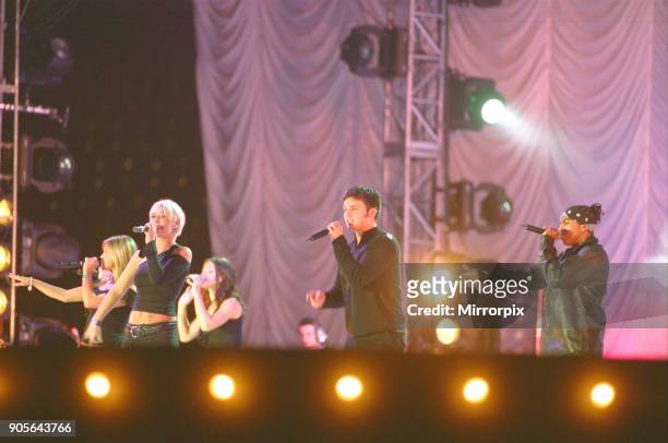 Club 7 appearing a tShowtime - at The Millennium Stadium, Cardiff, Wales United Kingdom, Concert featuring many of the pop stars of 2001. Picture...