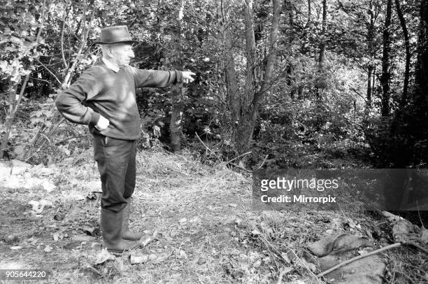 Walter Watkins, retired gamekeeper, points to the stop where he found the body of murder victim Pauline Floyd, 21st September 1973. The Saturday...
